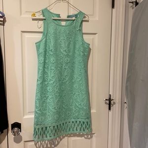 Blue green shift dress with lace